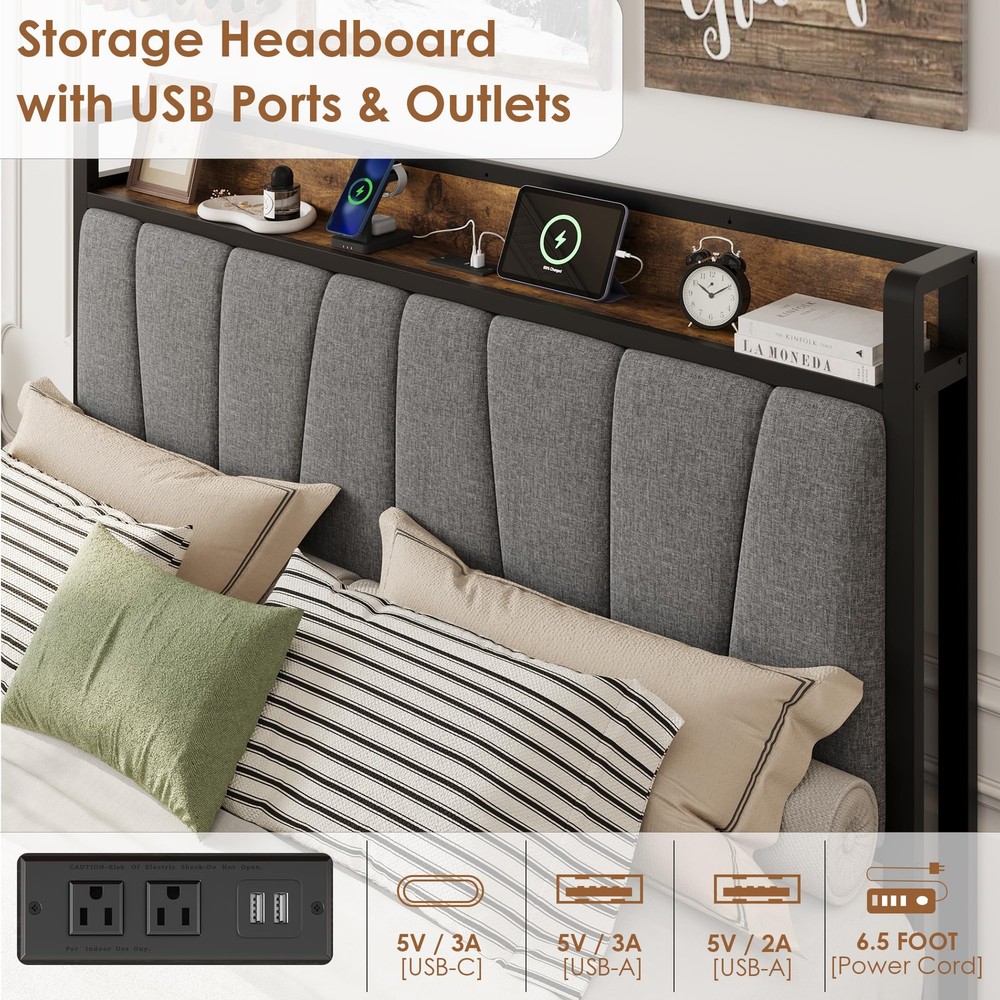 Queen Size Bed Frame Headboard Platform Bed Frame w/Drawers & Charging Station