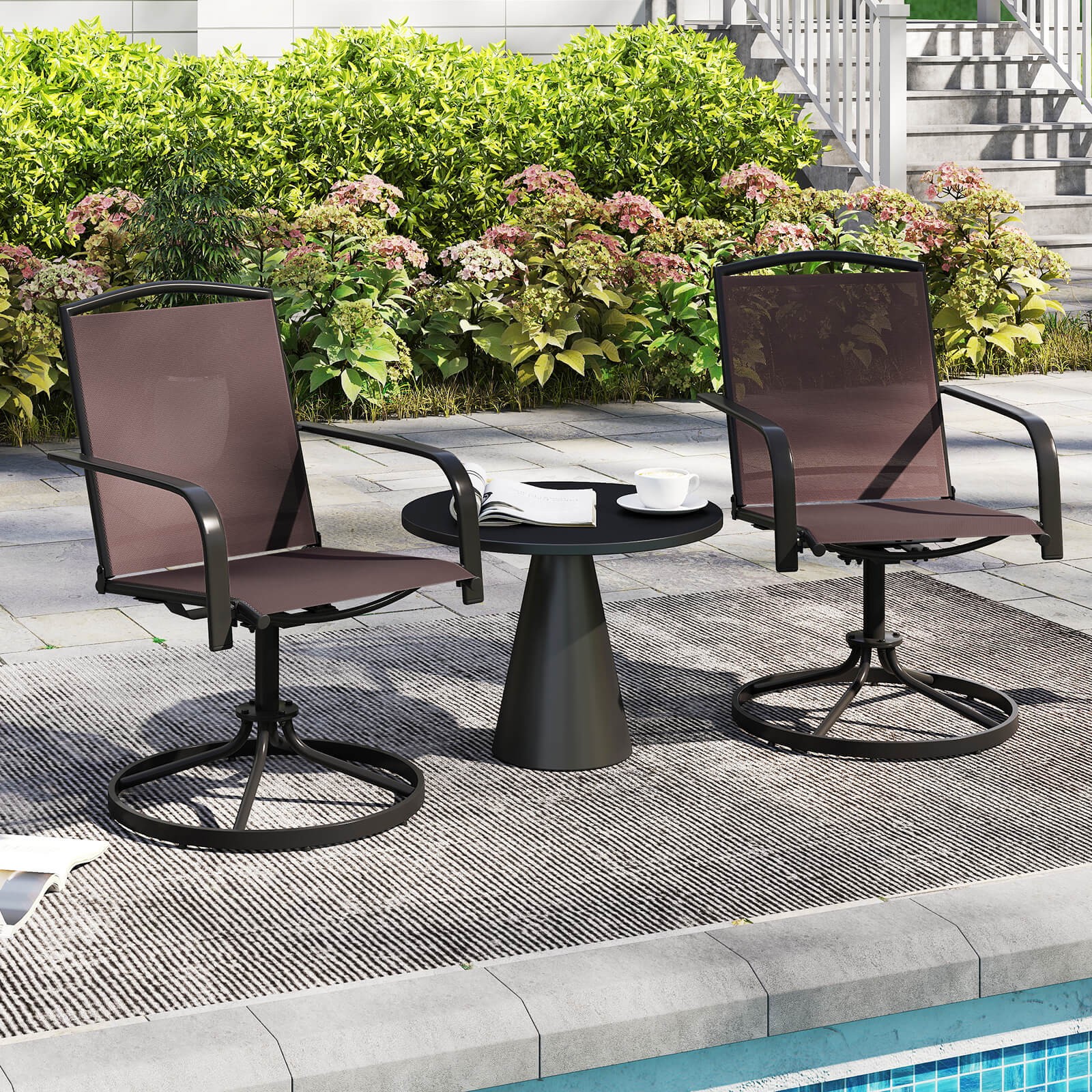 Patio Swivel Chairs Set of 2 w/ High Back & Round Metal Base for Backyard
