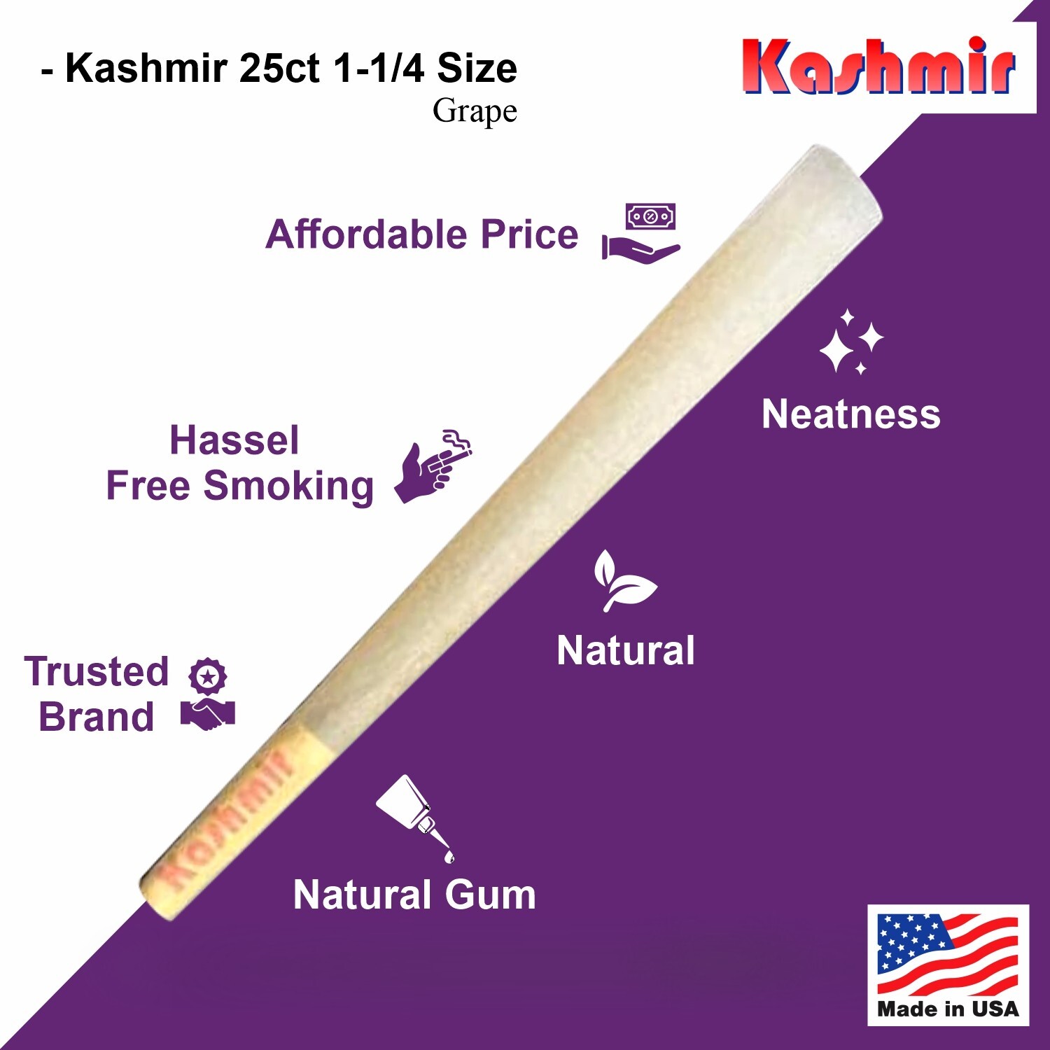 Kashmir Pre Rolled Cones Flavored 1 1/4 Grape Rolling Papers Cone 25 Count Jar
