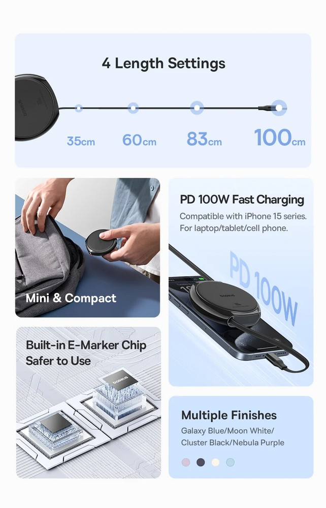 Baseus Retractable USB C Cable 100W Cable For MacBook iPad Fast Charger Cable