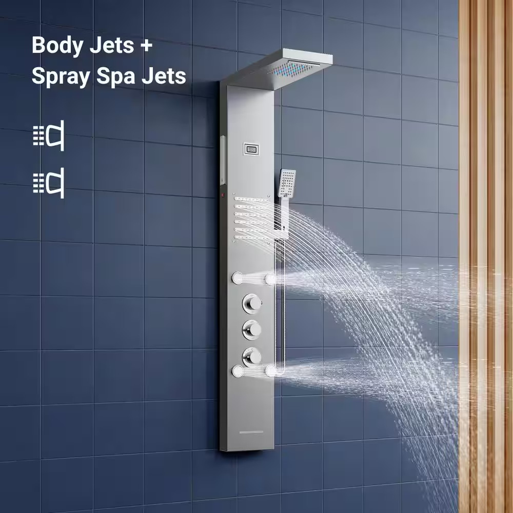 55 In. 6-Jet LED Rainfall Waterfall Shower Panel System with Adjustable Hand Bod