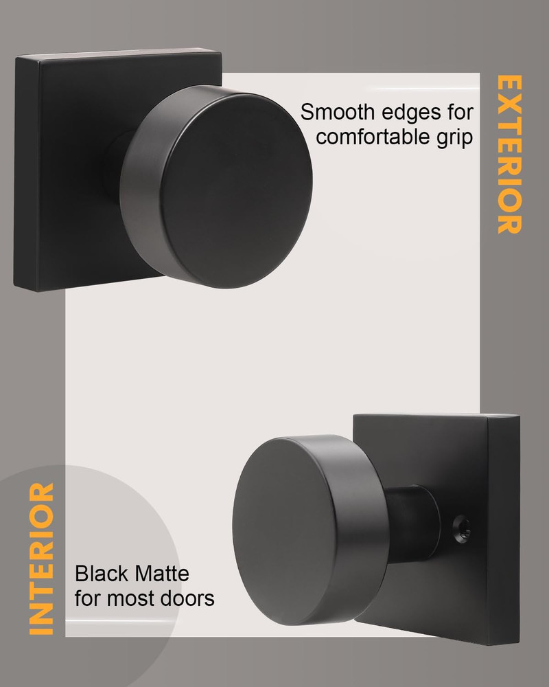 Matte Black Door Knobs with Square Rosette - 10 Pack, Heavy Duty Handles