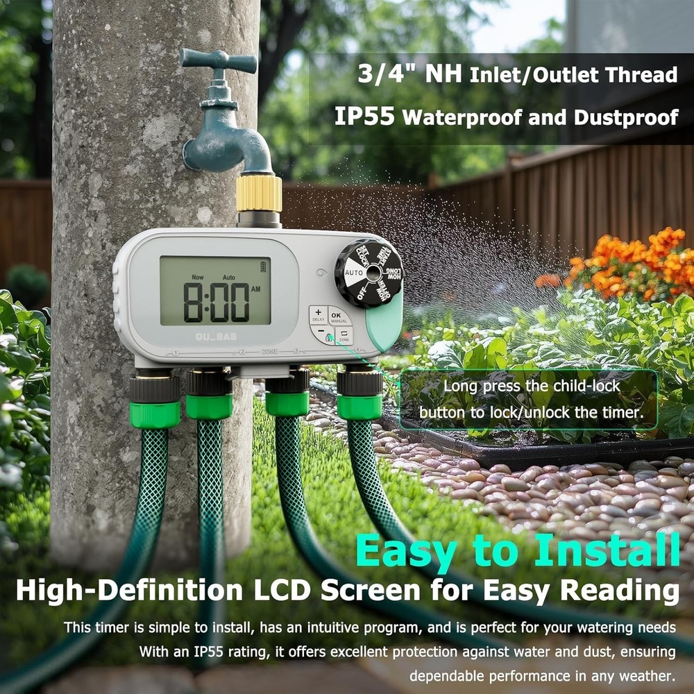 4 Zone Water Timer, Programmable Sprinkler Timer for Garden Hose with Rain Delay