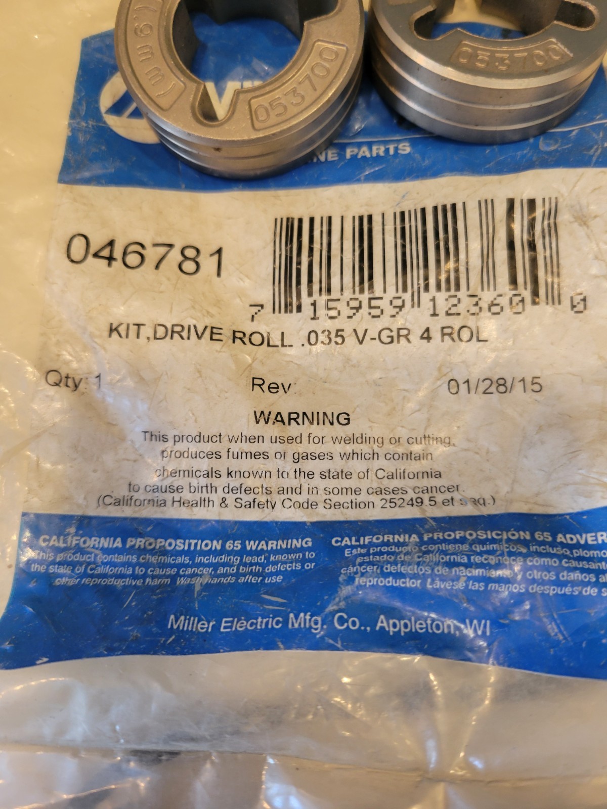Miller 053700 V-Groove .035 Groove Drive Roll QTY: 2