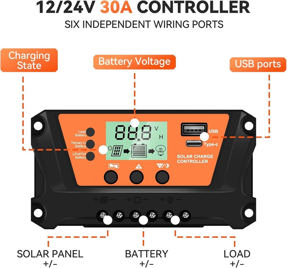 30-100A MPPT Solar Panel Regulator Charge Controller 12V/24V Auto Focus Tracking