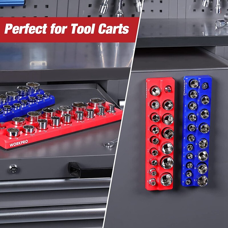 WORKPRO 2PC 1/2" Magnetic SAE Metric Socket Organizer Set Socket Holder Cart Set