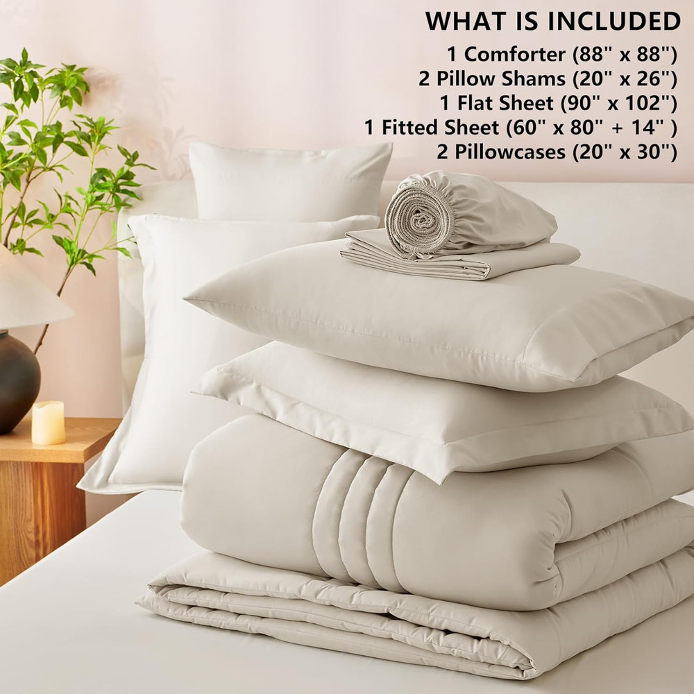 Queen Size Comforter Sets - 7 Piece Bed in a Bag Beige Comforter Set with Sheets