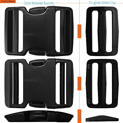 2" Wide Webbing Strap Buckles - Quick Release Clips (2 Set) & Tri-Glide Slides (