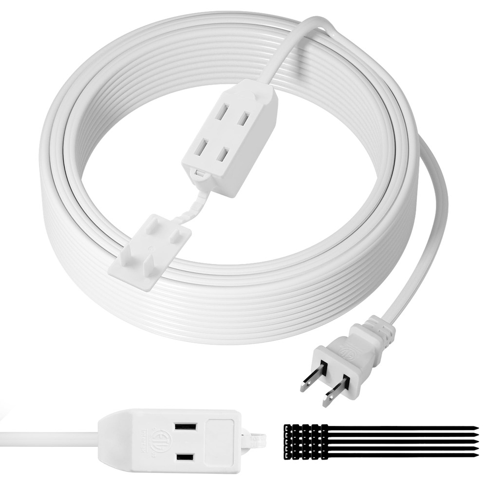 2 Prong Extension Cable 25 FT Extra Long Power Cord with 3 Outlets Flat Multi...