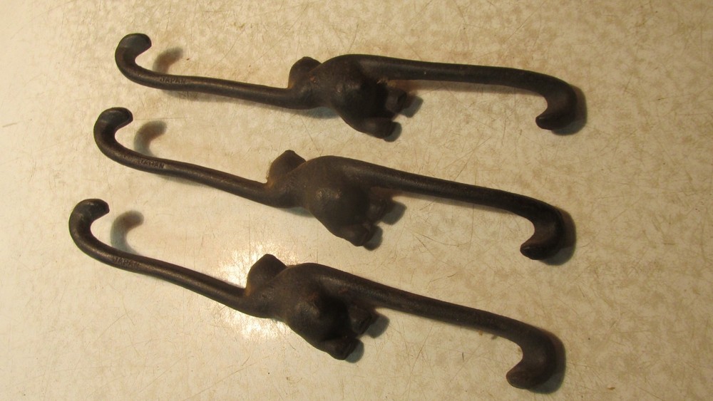 3 Antique Cast Iron Monkey Hangers Hooks