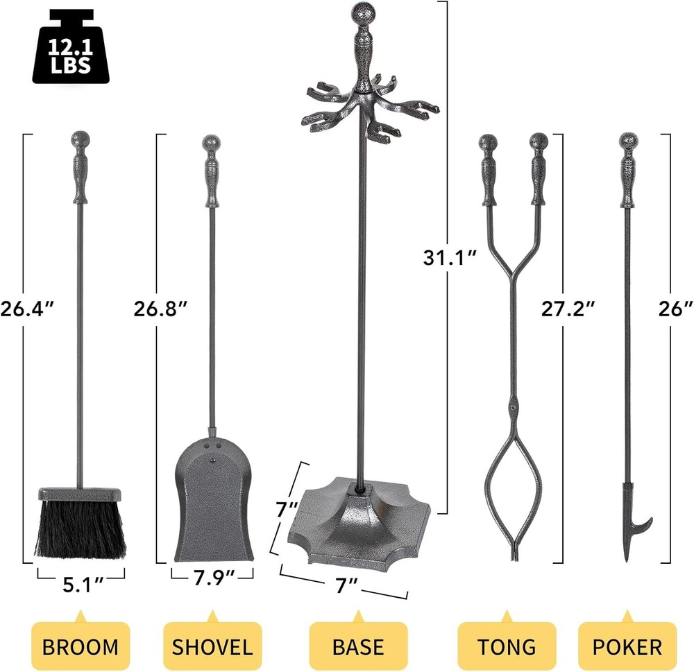 5 Pieces Fireplace Tools Set, Wrought Iron with Silver Pattern Fireplace Accesso