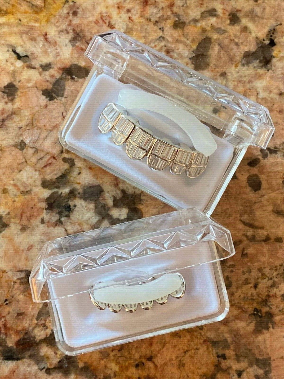 Real 925 Sterling Silver ICED Baguette Rapper GRILLZ Teeth Top & Bottom Set ICY