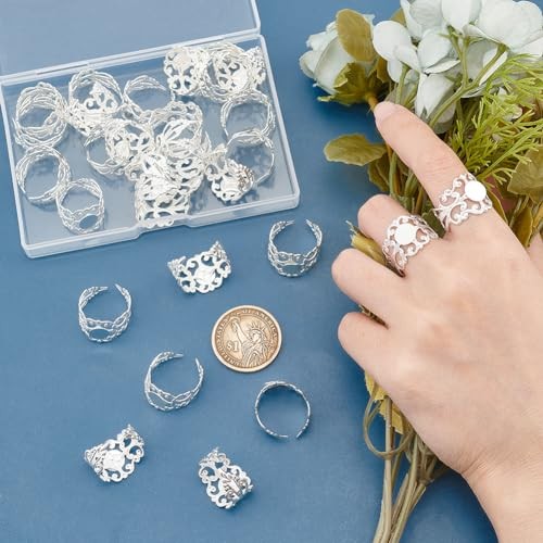 30Pcs DIY Blanks Ring Adjustable Filigree Open Cuff Ring Silver Metal Open