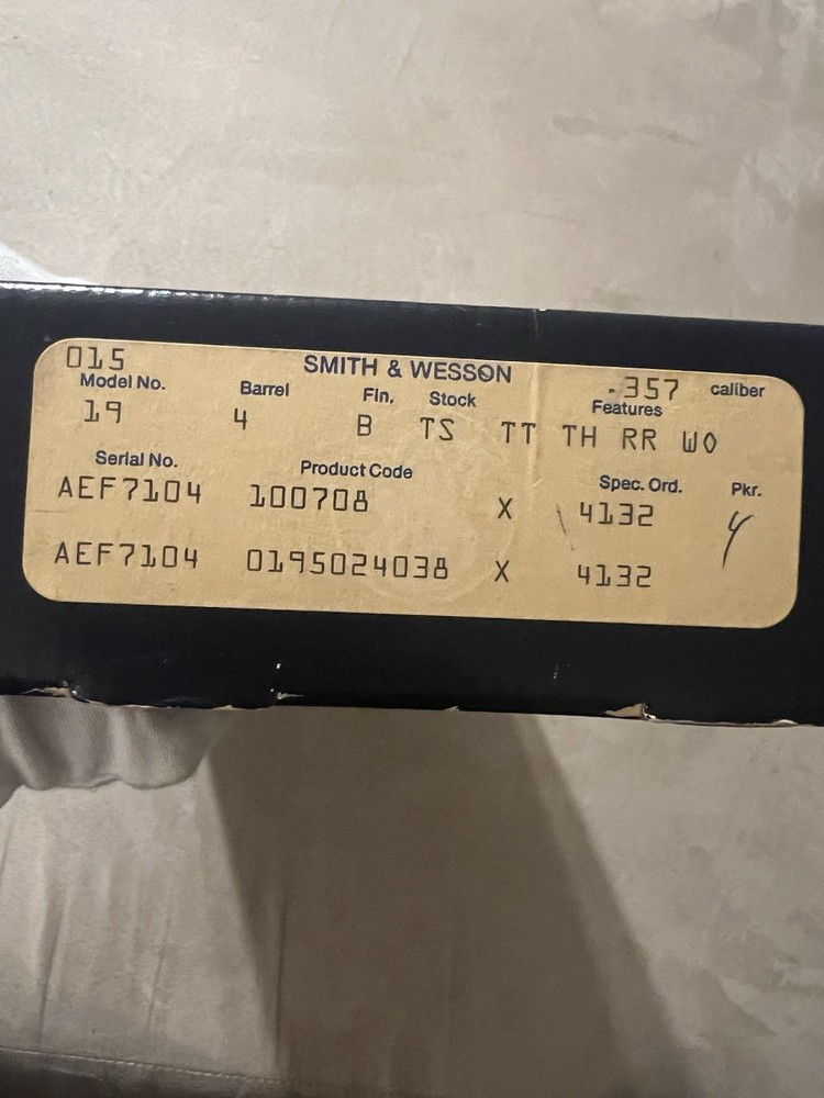 Smith & Wesson Factory Original Model 19 4 Inch 357 K Frame Box