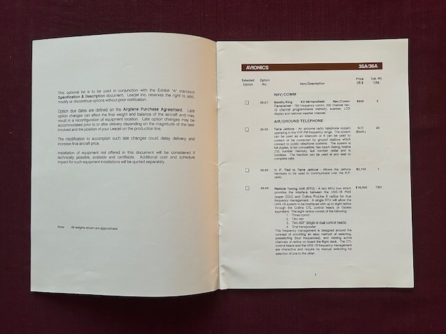 Learjet 35A 36A Optional Equipment 1991 Brochure