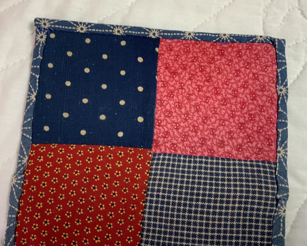 Antique Vintage Patchwork Small Quilt Table Topper, Four Patch, Early Calicos