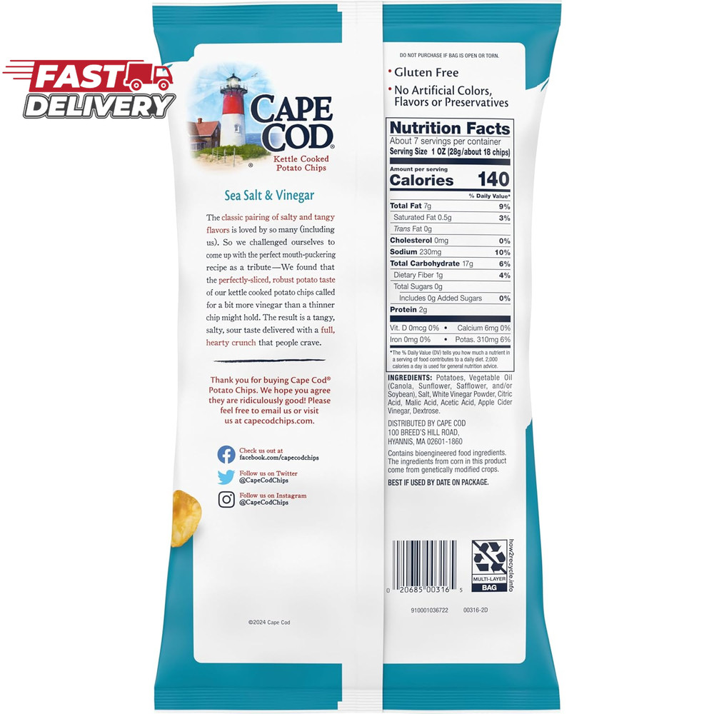 Cape Cod Sea Salt & Vinegar Chips, 7.5 Oz Bag