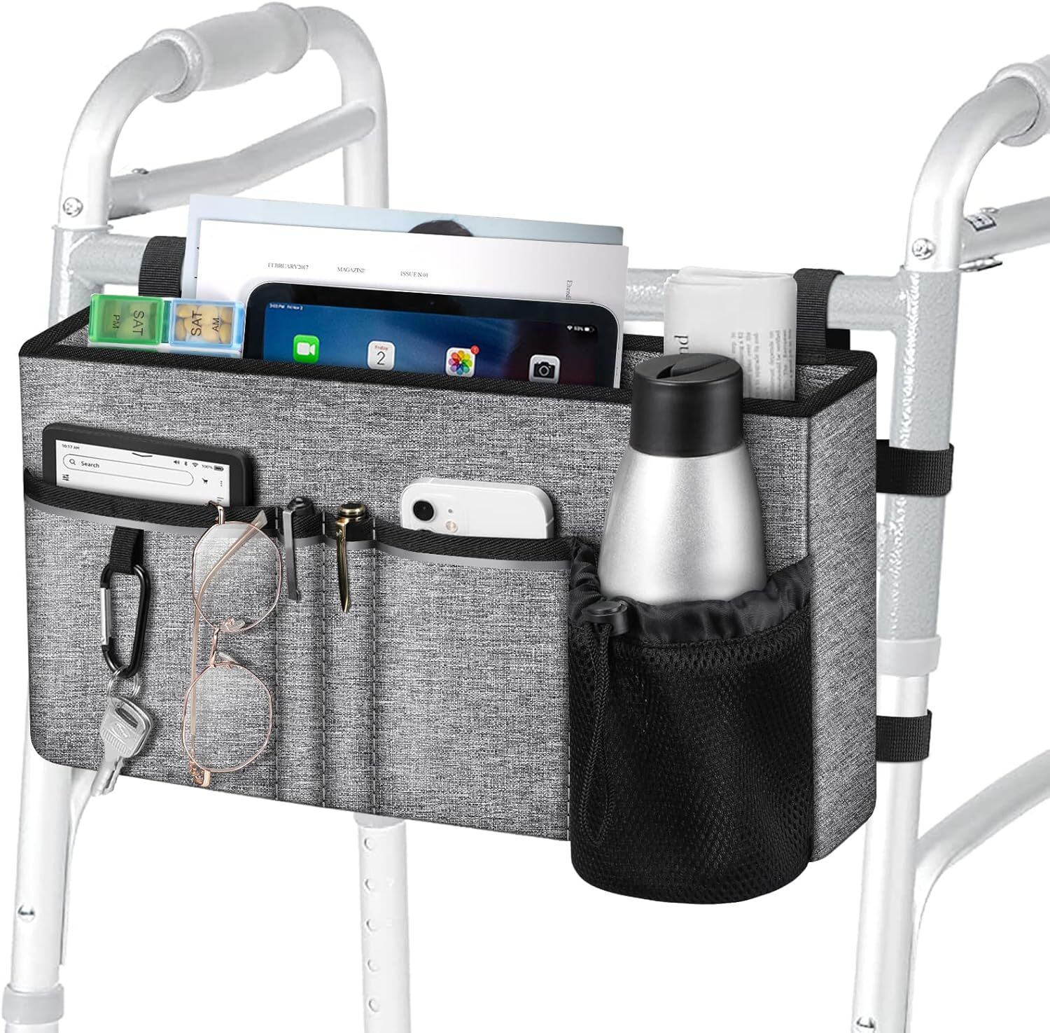 Large Walker Tote Bag with Cup Holder, Folding Walker Attachment Storage Basket