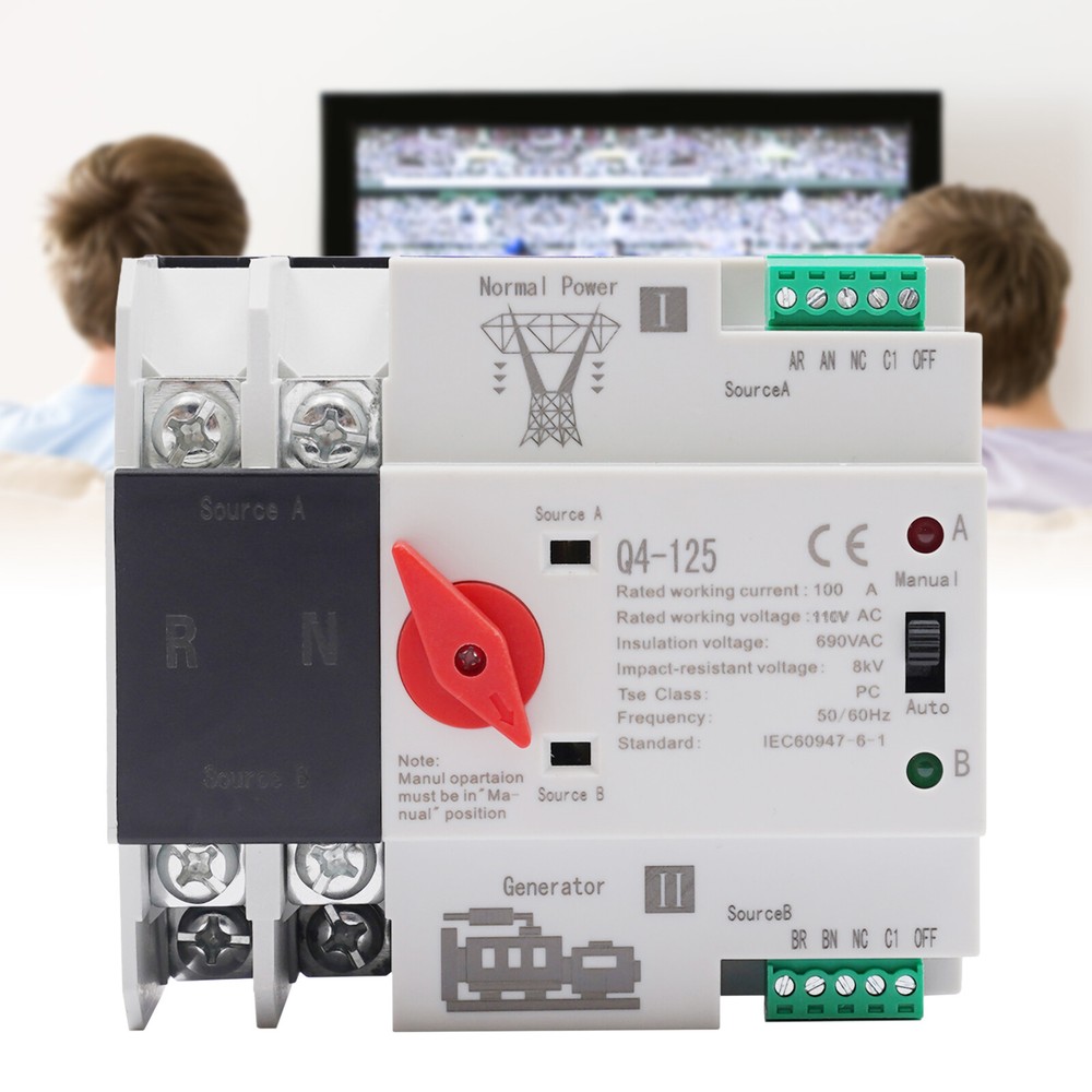 100A PC Level Dual Power Automatic Transfer Switch 2P Generator Changeover 110V