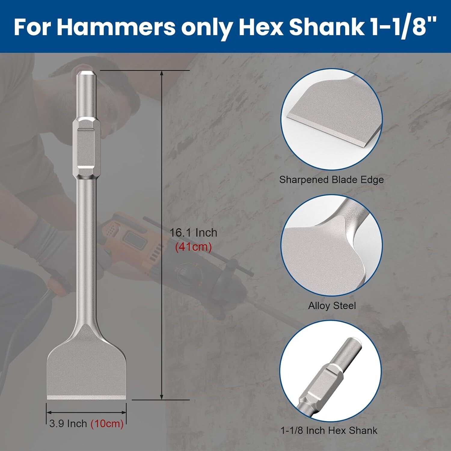TOOVEM 1-1/8" Hex Shank Masonry Chisel, 4'' Wide Alloy Steel Scraping Chisel Bit