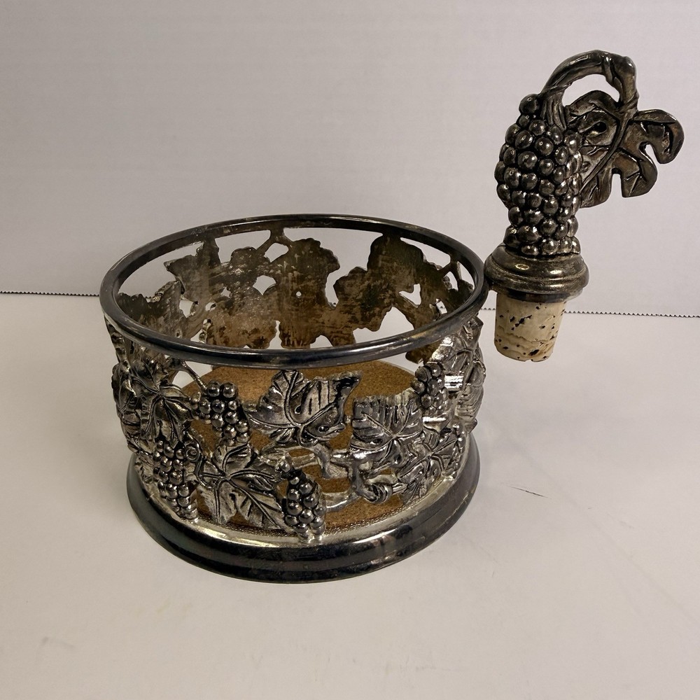 Vintage Silver Plated Wine Bottle Coaster w/ Stopper Grape Godinger Paul Revere