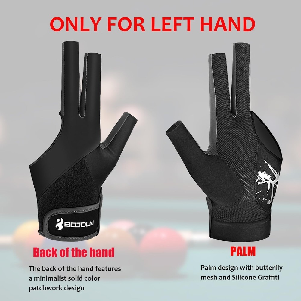 Billiard Pool Gloves for Left Hand 3 Finger, Splicing Process, Snooker Cue Sp...
