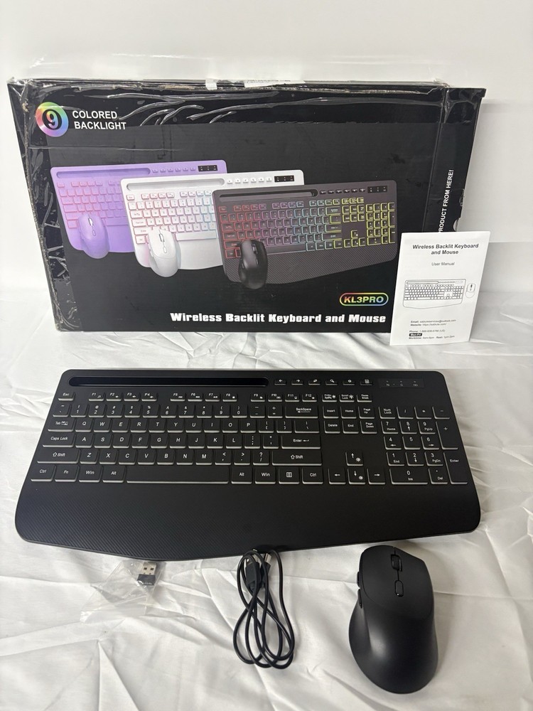 Sablute KL3PRO Wireless Backlit Keyboard & Mouse Bundle, Black, USB Receiver