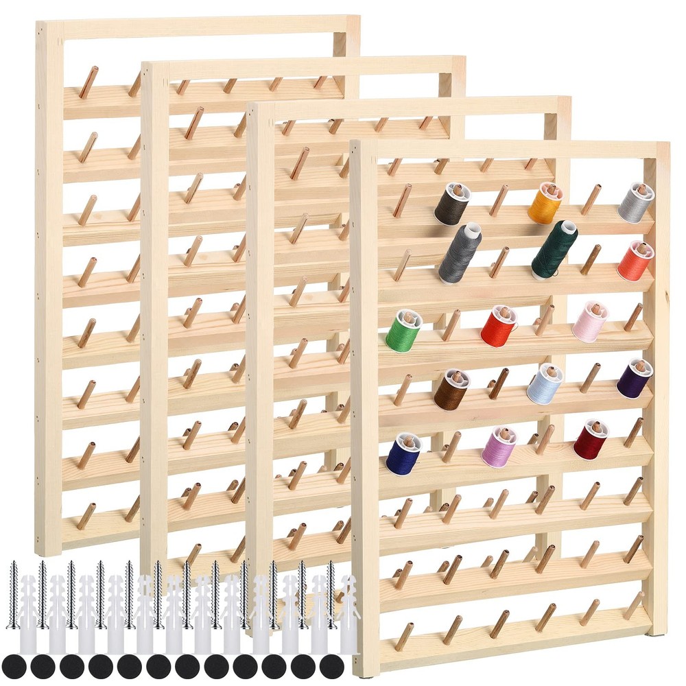 4 Pieces 48 Spool Wooden Thread Holder Wall Mounted Thread Rack with Hanging ...