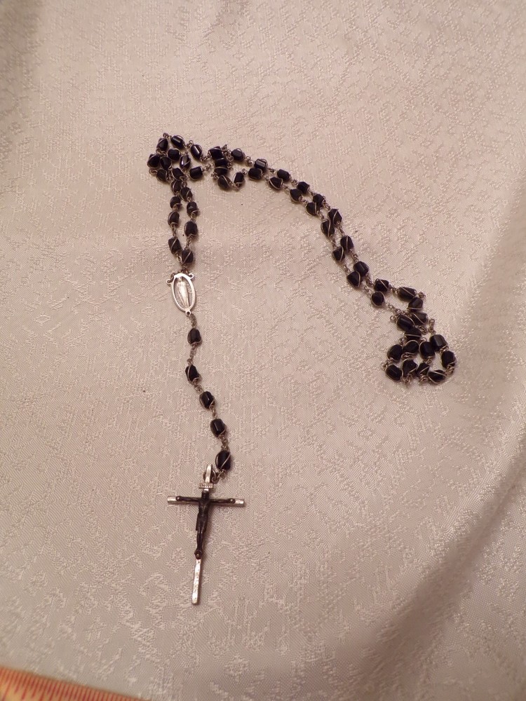 VTG Rosary Black Beaded With Silver Designs on Beads