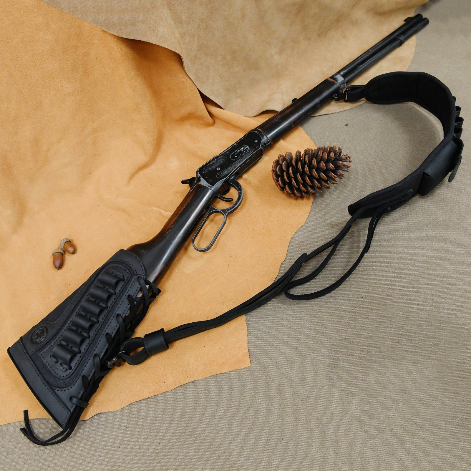 Shooting Combo of Leather Rifle Gun Buttstock Cover with Sling.22LR.357.308 12GA