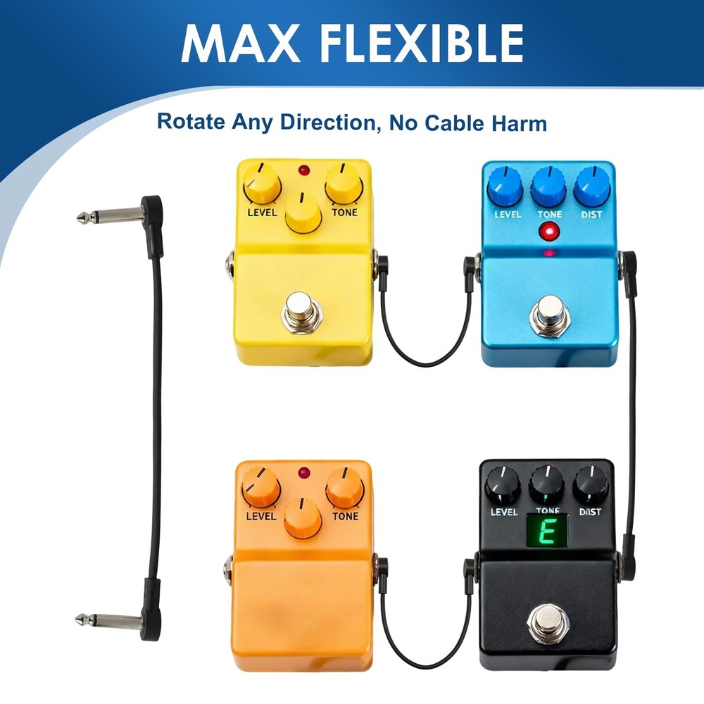 3-Pack Guitar Pedal Cables, 1/4 Inch Flat Patch Cables with Right Angle Conne...