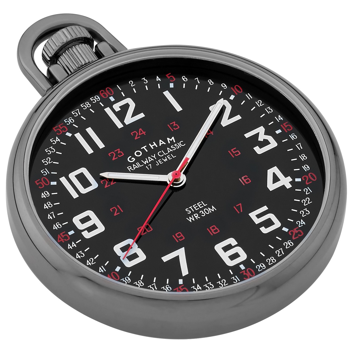 Gotham Men's Gunmetal Stainless Steel Mechanical Railroad Style Pocket Watch