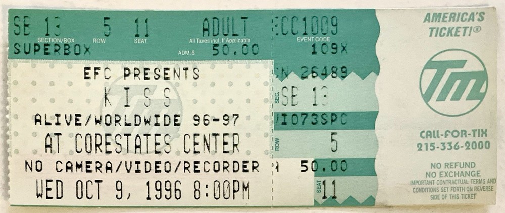 KISS Ticket Stub 10/9/1996 CORESTATES CENTER Philadelphia PA CONCERT Vintage