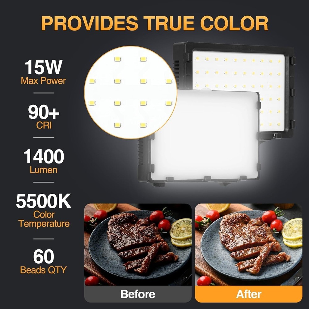Continuous LED Studio Lighting Kit - 60 LEDs, 15W Brightness, Portable Design