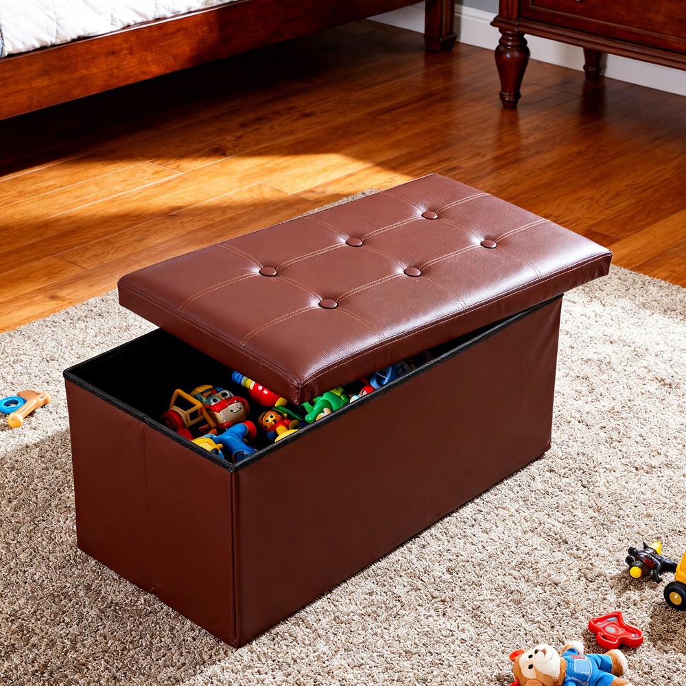 Brown Sturdy Ottomans Foot Bench Foldable Storage Footstools Spacious Organizer