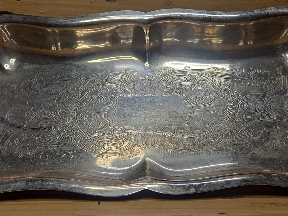 LEONARD Silver Plate Etched Serving Tray Footed with Handles 14" Rectangle C485