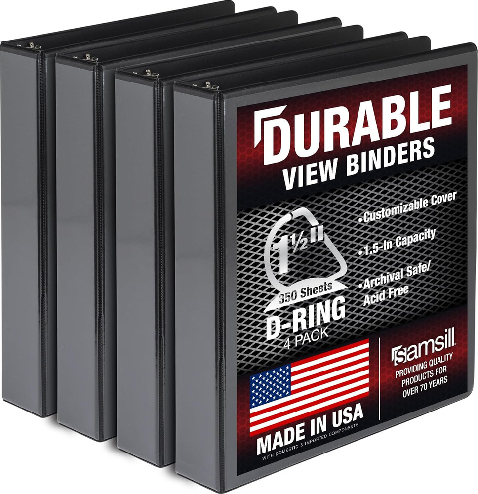 Durable 1.5 Inch 3 Ring Binder, D Ring Binder, 100% Recycled Chipboard, Black, 4