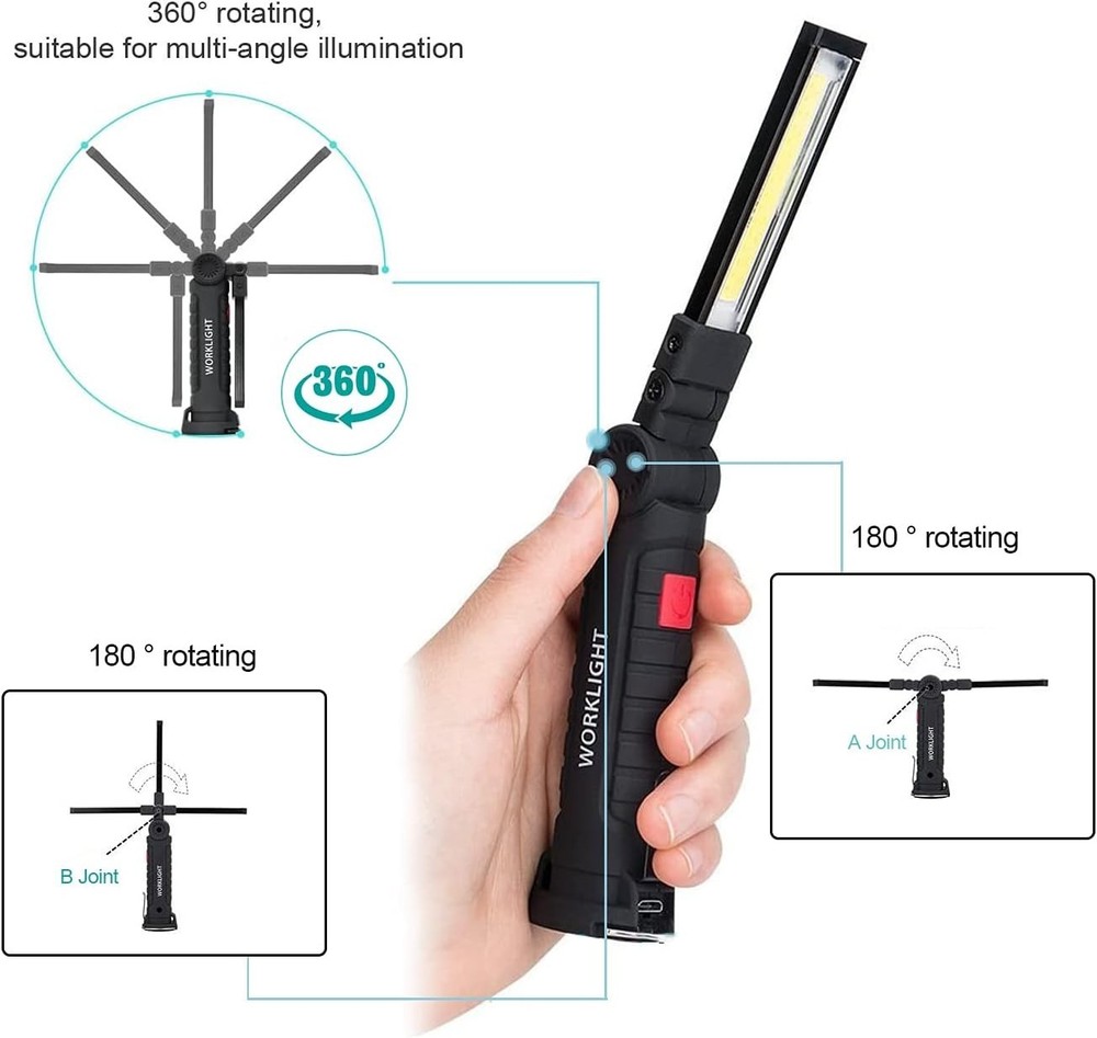 Rechargeable LED Work Light Magnetic Foldable Flashlight with Hook 5 Modes