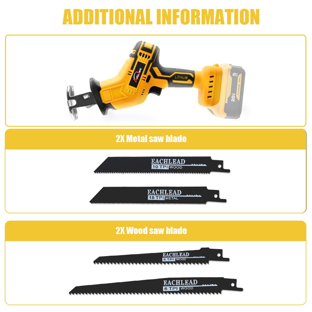 Brushless Cordless Reciprocating Saw for Dewalt 20V Max Variable Speed Tool Only