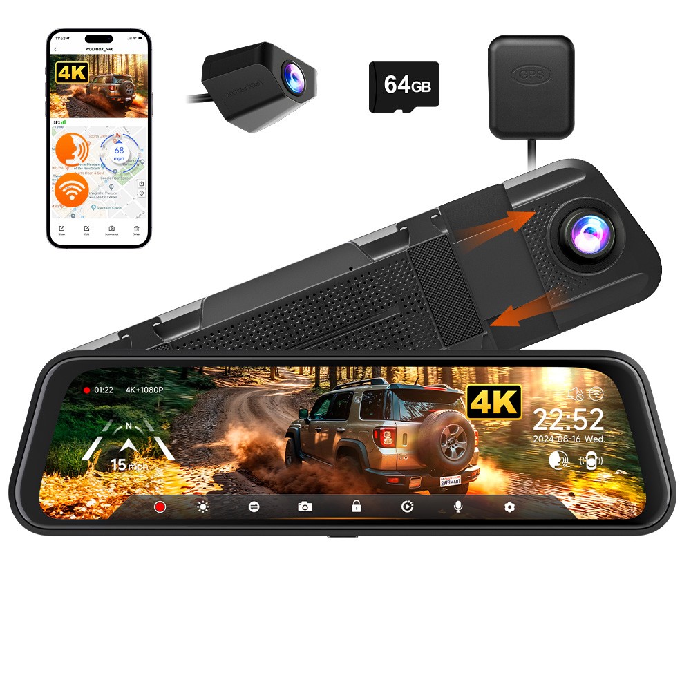 WOLFBOX 4K 10" Dual Dash Cam Car Rear Mirror View Backup Dual Camera M40 WIFI