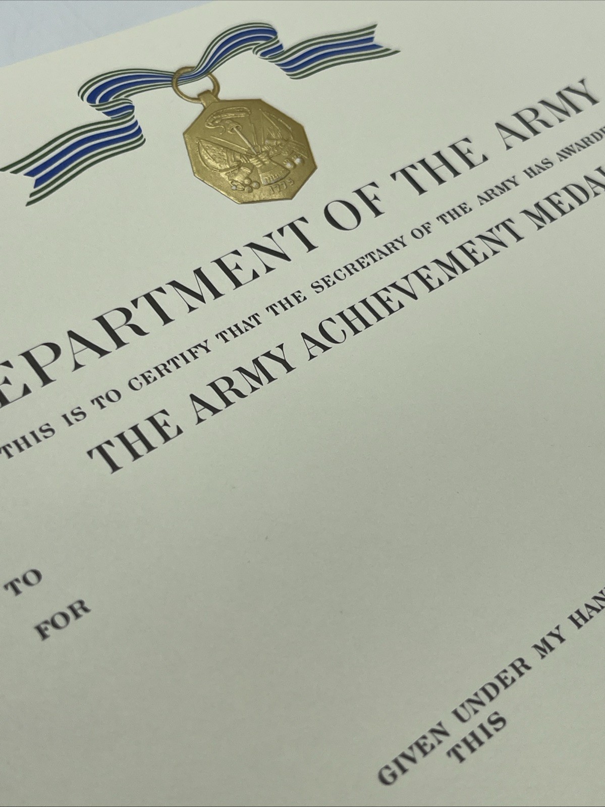 U.S. Military Department Of The Army Blank Achievement Medal Certificate 1981