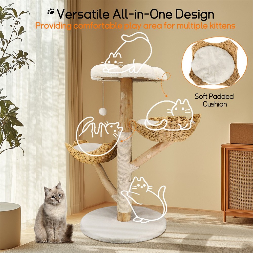 Solid Willow Wood Cat Tree w/ Soft White Bed & Scratching Post for 3 Large Cats