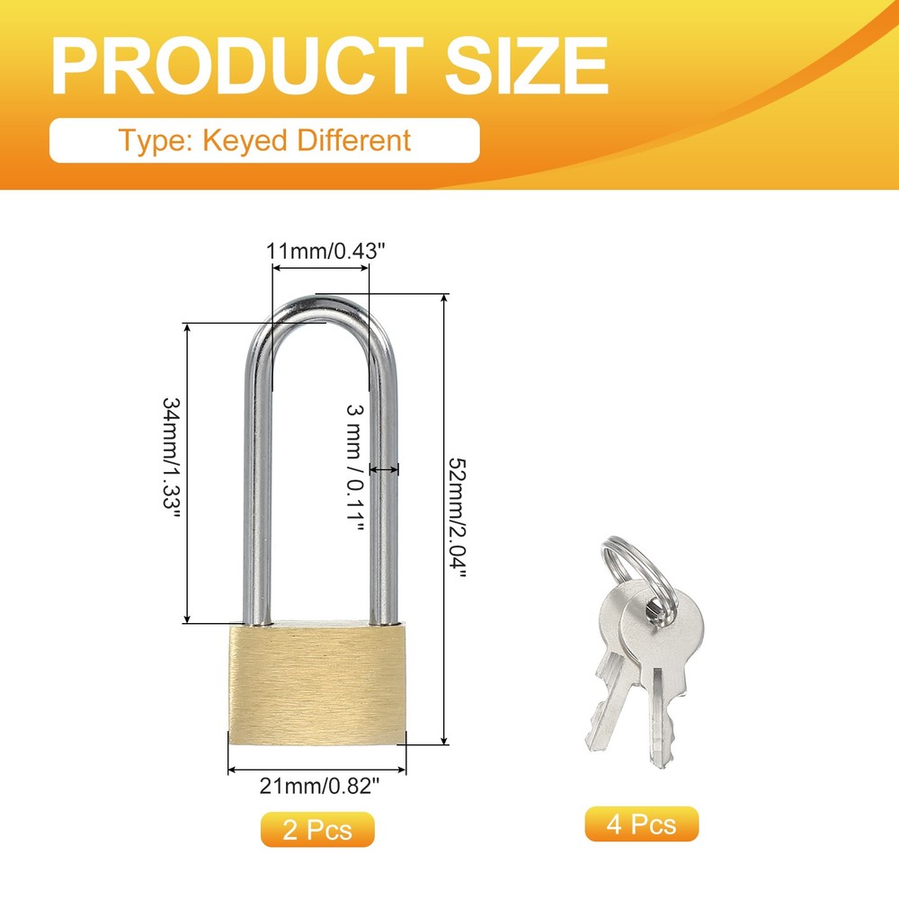 2 x Solid Brass Padlocks 2" L Shackle Lock with 2 Keys