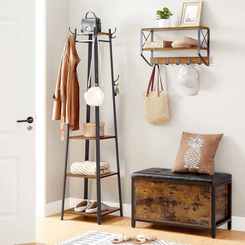 Industrial Coat Rack with 3 Shelves - Rustic Brown & Black Entryway Solution
