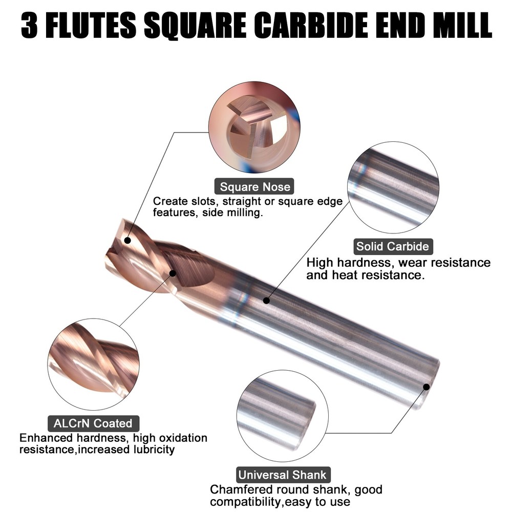 3 Flute 3/8" x 1/2" x2" Variable Helix Solid Carbide End Mill - ALCrN Coated