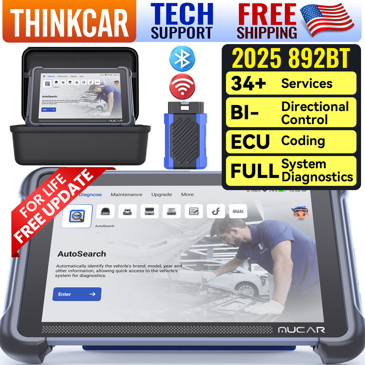 MUCAR 892BT Car Bidirectional Scanner Auto All System Diagnostic Tool Key Coding