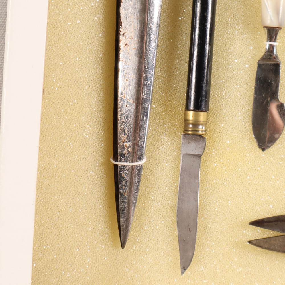 Antique Sewing Tools Scissors Quill Knives Thread Snips Display See Description