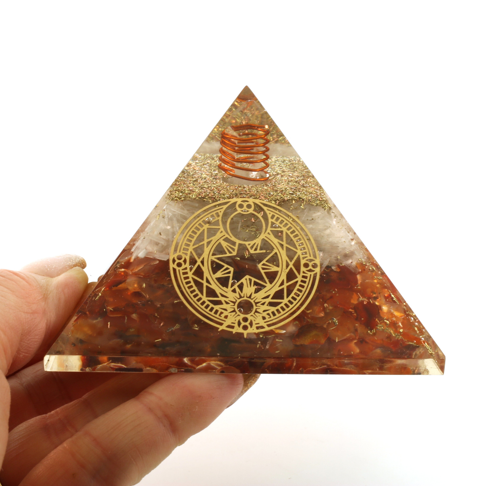 Natural Carnelian and Selenite Orgone Pyramid XL 75mm 3 inch EMF & 5G Protection