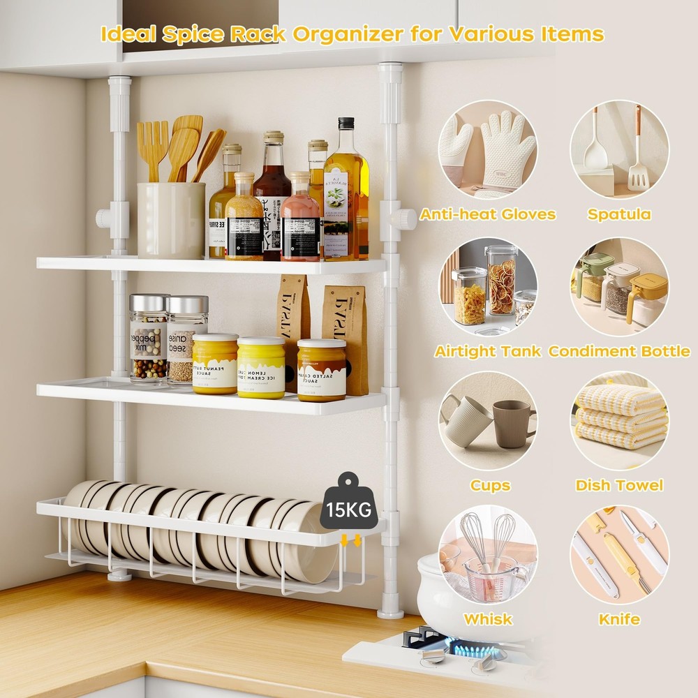 3-Tier Spice Rack Organizer, Multi-functional Kitchen Countertop Shelves, Wal...