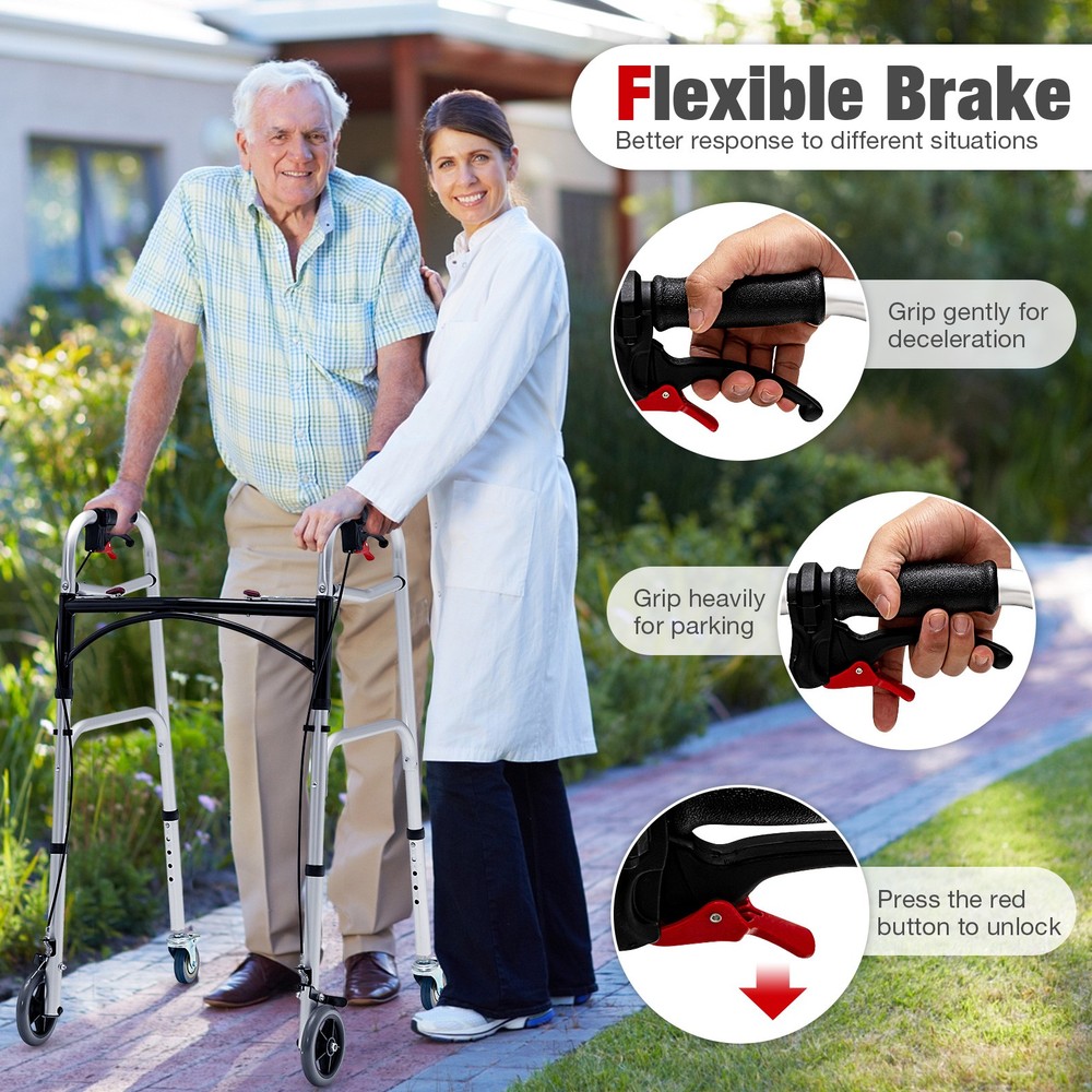 Standard Walker 2-button Folding Walker w/5" Wheels Trigger Release for Seniors
